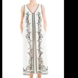 Max Studio London Linen Blend V Neck Embroidered Midi Dress Ivory Black XS